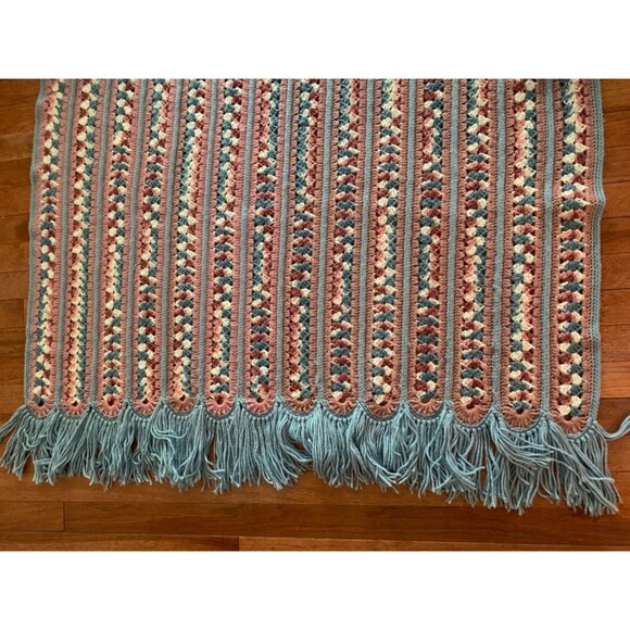 Handmade Mile a Minute Crochet Throw Blanket with Fringe 44"x72" Soft Pastels - Picture 10 of 16